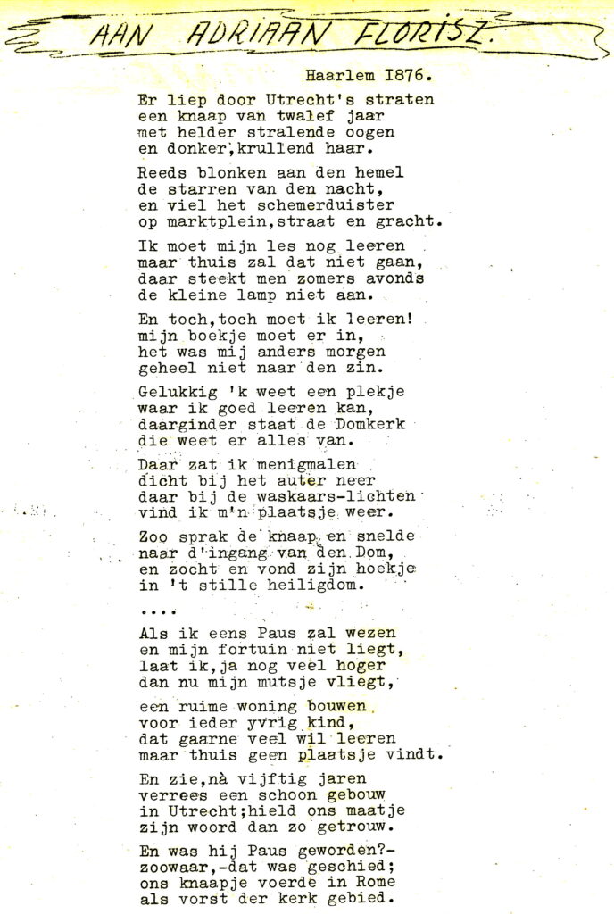 Hulde gedicht aan “ADRIAAN FLORISZ”. HAARLEM 1876

